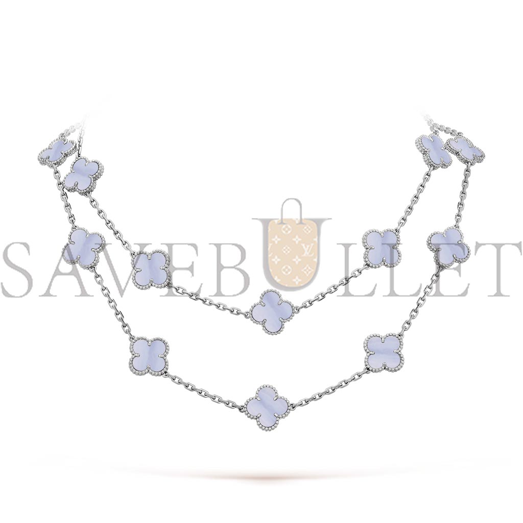 V*N CL*F arpels vintage alhambra long necklace, 20 motifs - white gold, chalcedony  vcard80900