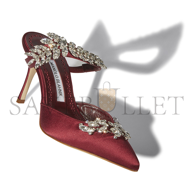 MANOLO BLAHNIK LURUMUS BURGUNDY SATIN CRYSTAL EMBELLISHED MULES 9XX-0362-0038