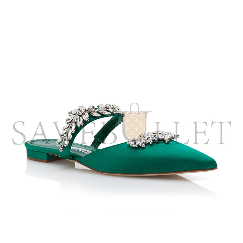 MANOLO BLAHNIK LURUMFLATUS GREEN SATIN CRYSTAL EMBELLISHED FLAT MULES 122-1947-0001