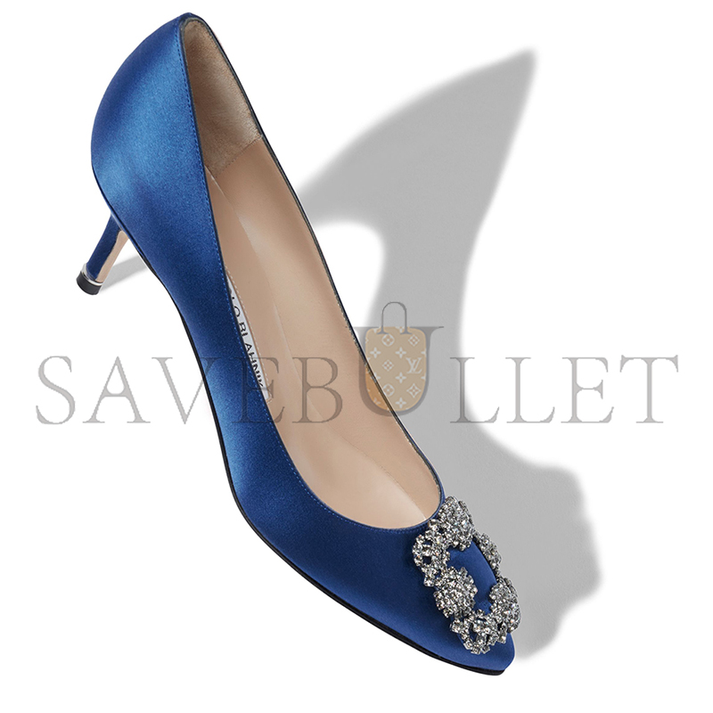 MANOLO BLAHNIK HANGISI 50 BLUE SATIN JEWEL BUCKLE PUMPS 9XX-0661-0046
