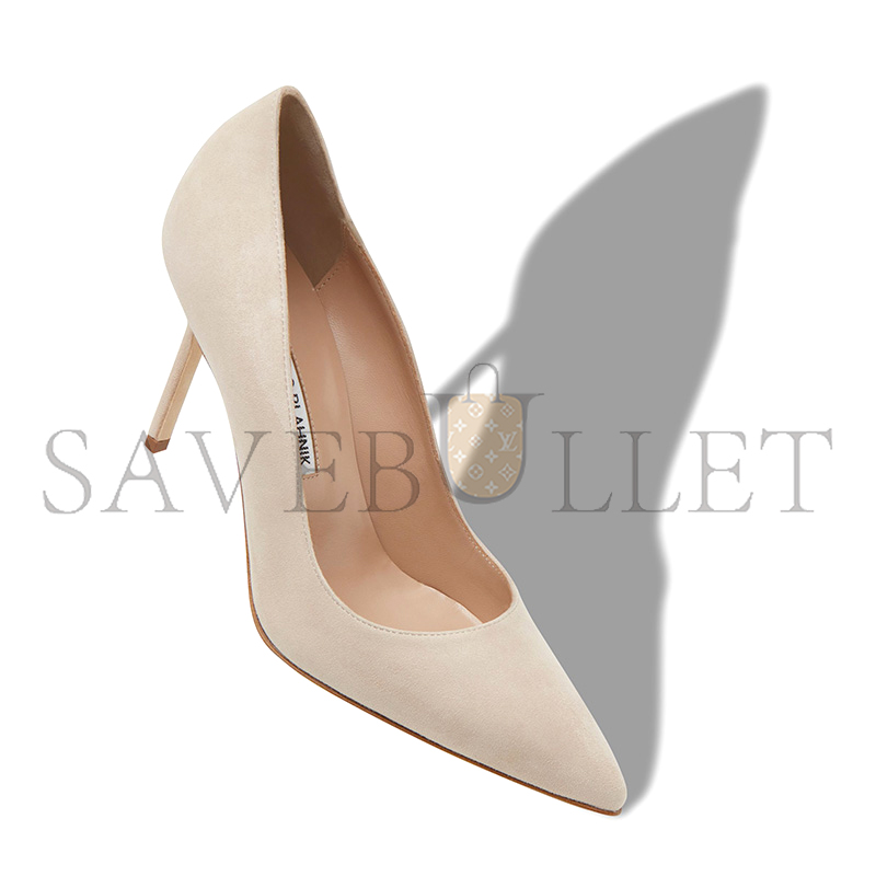 MANOLO BLAHNIK BB 90 LIGHT BEIGE SUEDE POINTED TOE PUMPS 9XX-0416-0015
