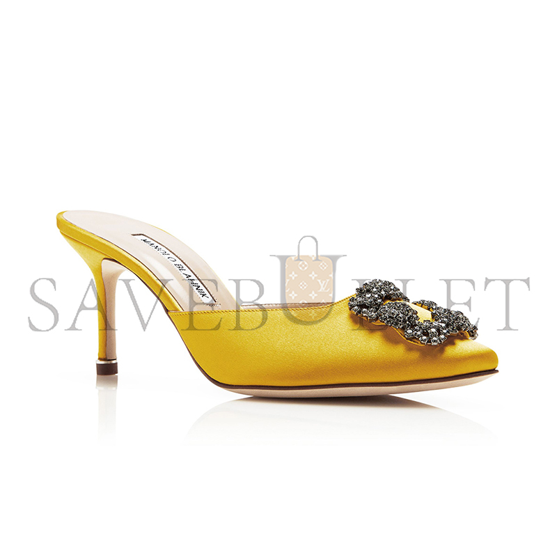 MANOLO BLAHNIK HANGISIMU YELLOW SATIN JEWEL BUCKLE MULES 9XX-0726-0056