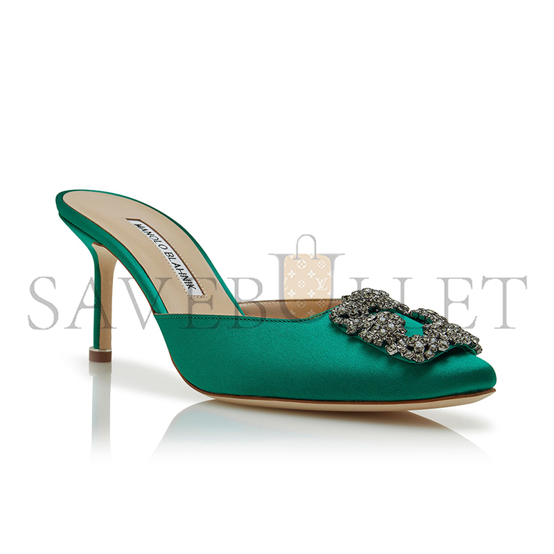 MANOLO BLAHNIK HANGISIMU GREEN SATIN JEWEL BUCKLE MULES 9XX-0726-0050