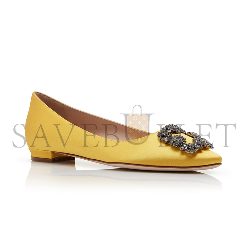 MANOLO BLAHNIK HANGISIFLAT YELLOW SATIN JEWEL BUCKLE FLAT PUMPS 9XX-0348-0048
