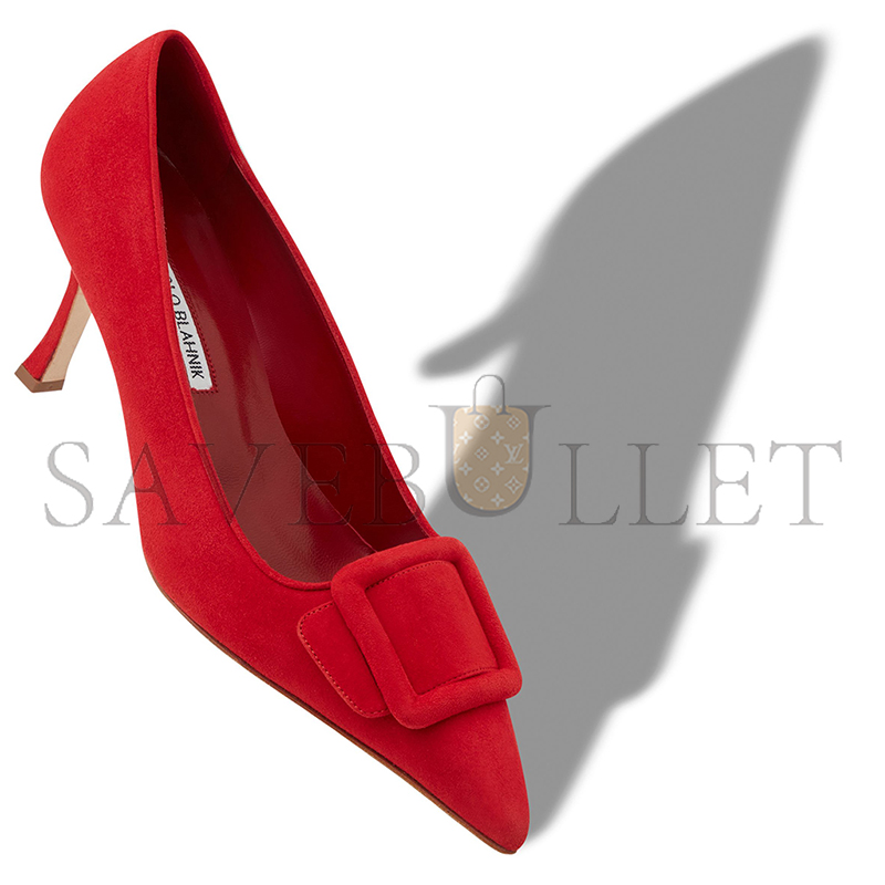 MANOLO BLAHNIK MAYSALEPUMP 90 BRIGHT RED SUEDE BUCKLE DETAIL PUMPS 219-0174-0002