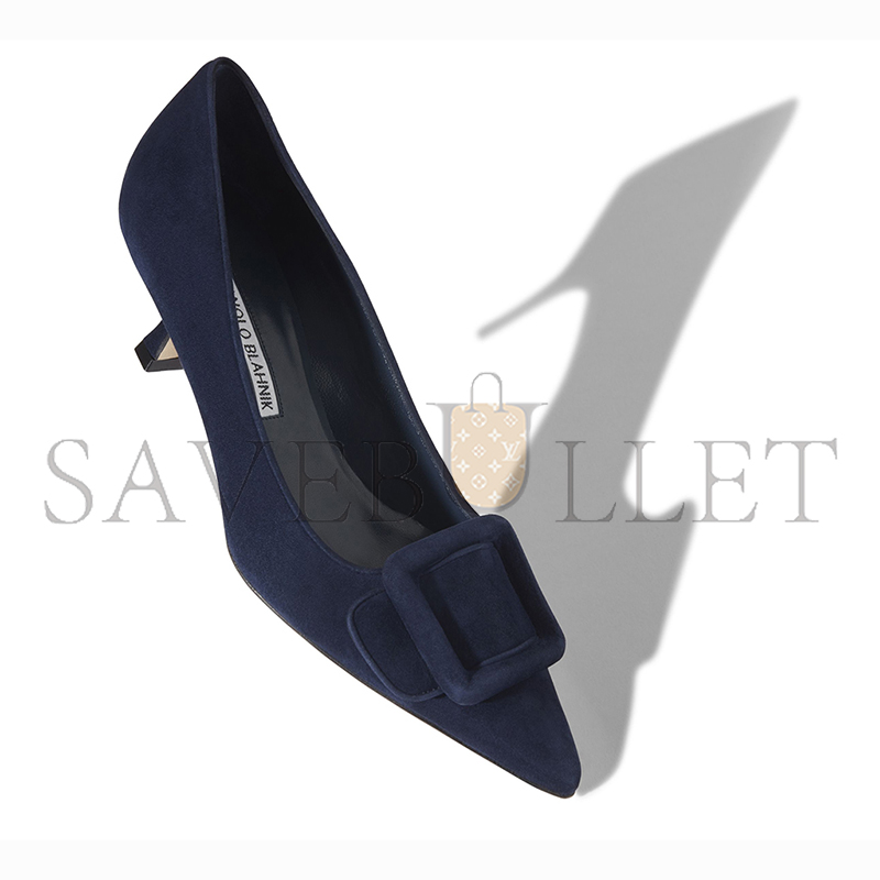 MANOLO BLAHNIK MAYSALEPUMP 50 NAVY BLUE SUEDE BUCKLE DETAIL PUMPS 219-0173-0008