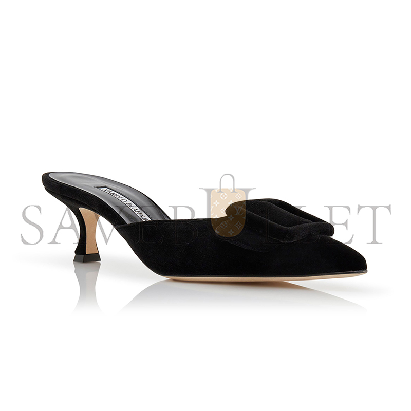 MANOLO BLAHNIK MAYSALE BLACK VELVET BUCKLE DETAIL MULES 220-0480-0015