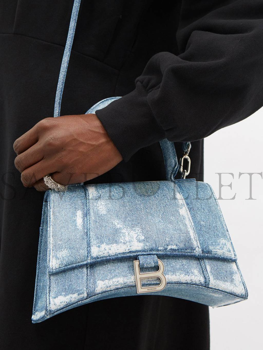 Ba*len*cia*ga blue hourglass denim-print leather bag matchesfashion us (26.1*14*10.6cm)