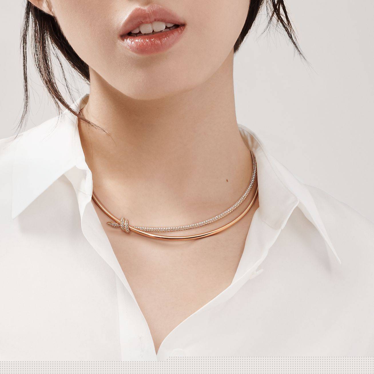 T*f*ny knot double row necklace in rose gold with diamonds